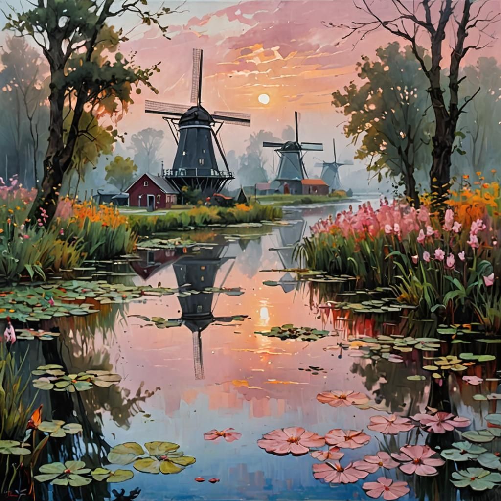 Holland, Windmills, Pond, Dawn 🌅✨🌷