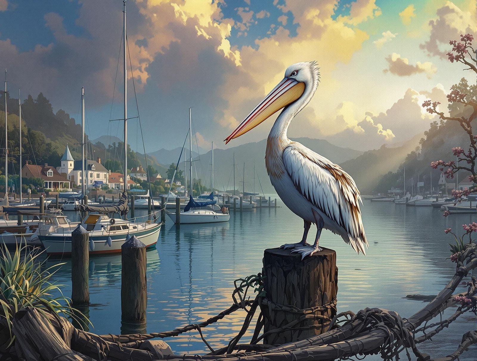 Pelican at Marina in Encaustic Impasto Style