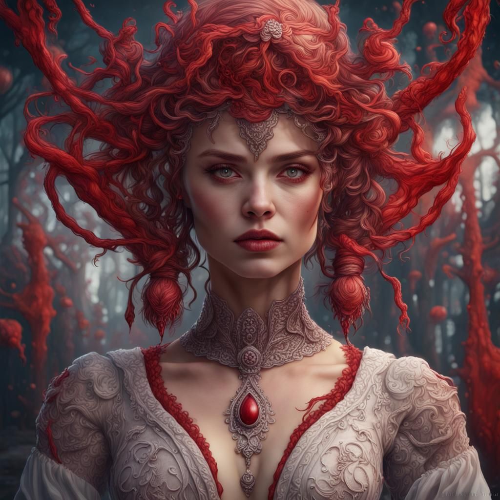 Beautiful Woman with Purple Eyes: Red Pen Art