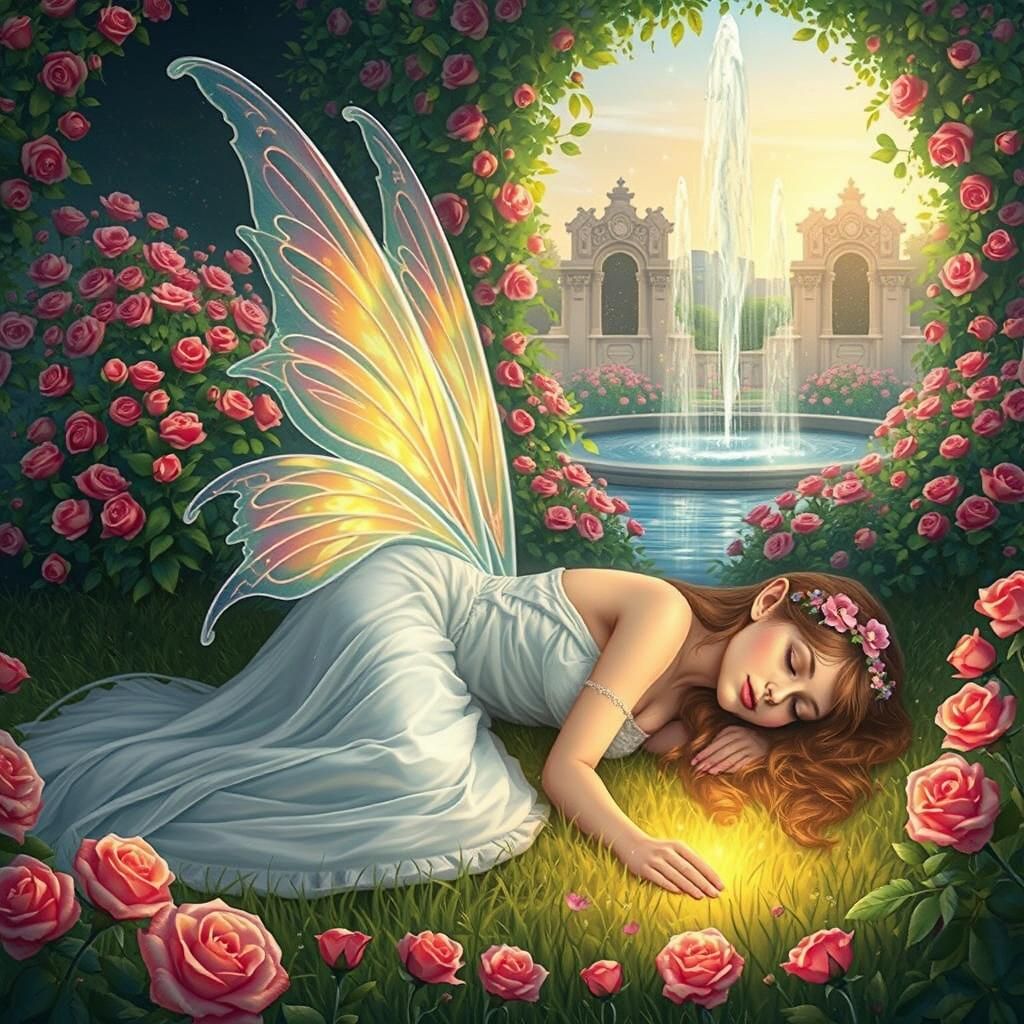 Fairy Sleeping in Rose Garden with Rainbow