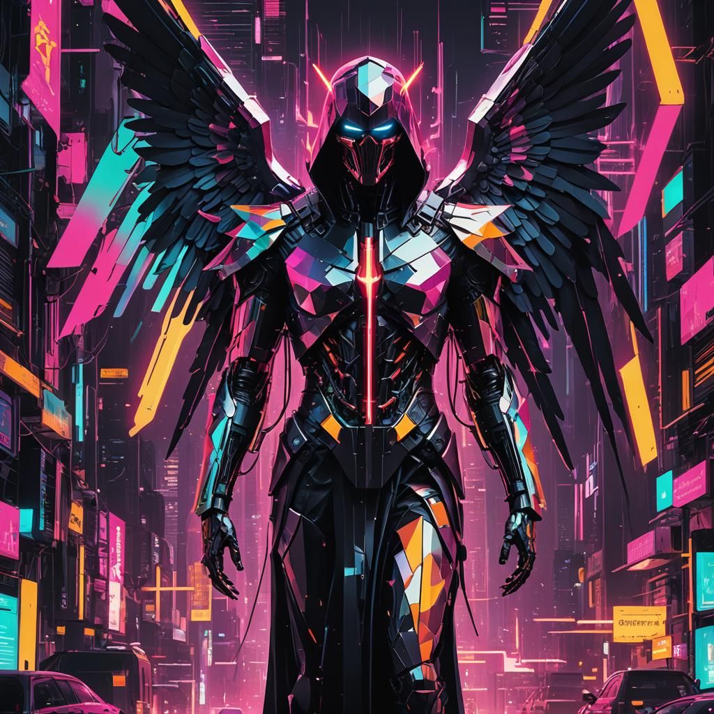 Cyberpunk Angel of Death: Geometric Neon Glitch Art