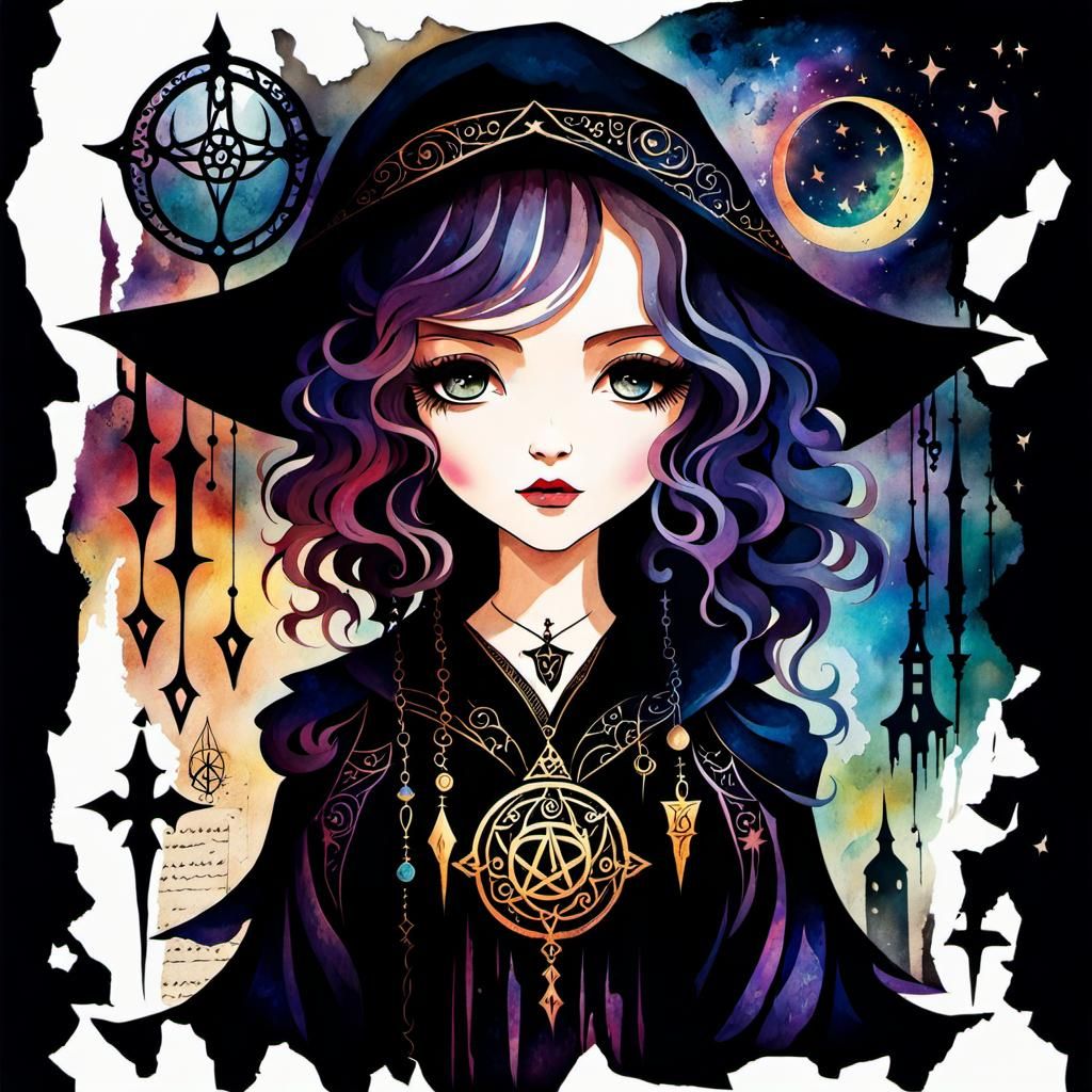 Chibi Witch in Gothic Attire with Watercolor Hues