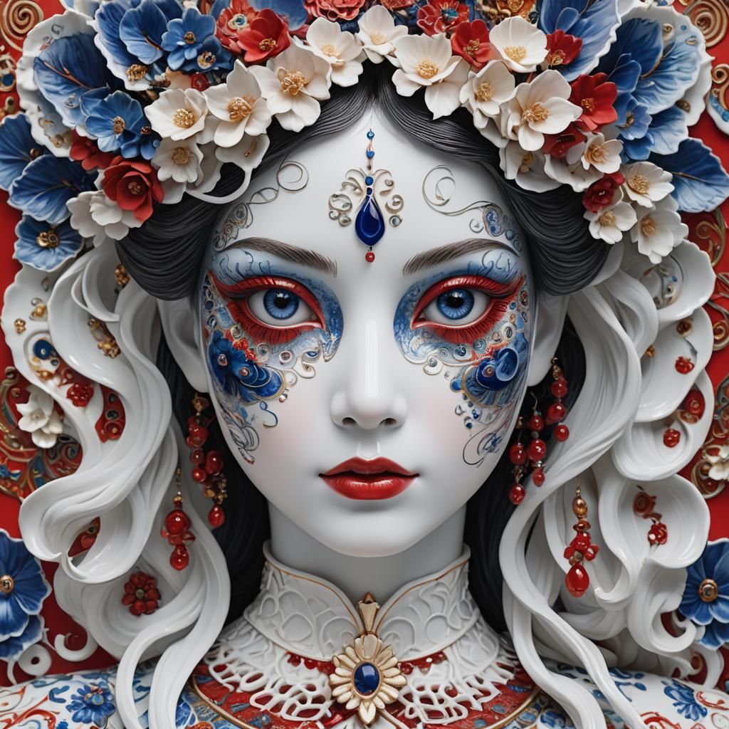 Exotic Porcelain Face with Red and Blue Eyes