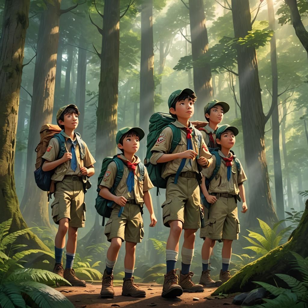 Boy Scouts Camping in Misty Forest: Anime 3D Art