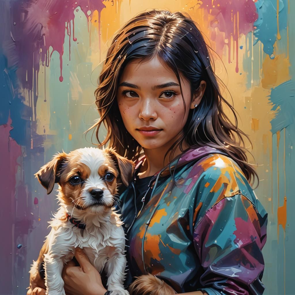 Hyperrealistic Girl with Dog in Splash Art Style