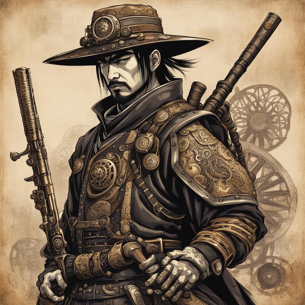 Steampunk Samurai Warrior with Rifle and Asian Hat