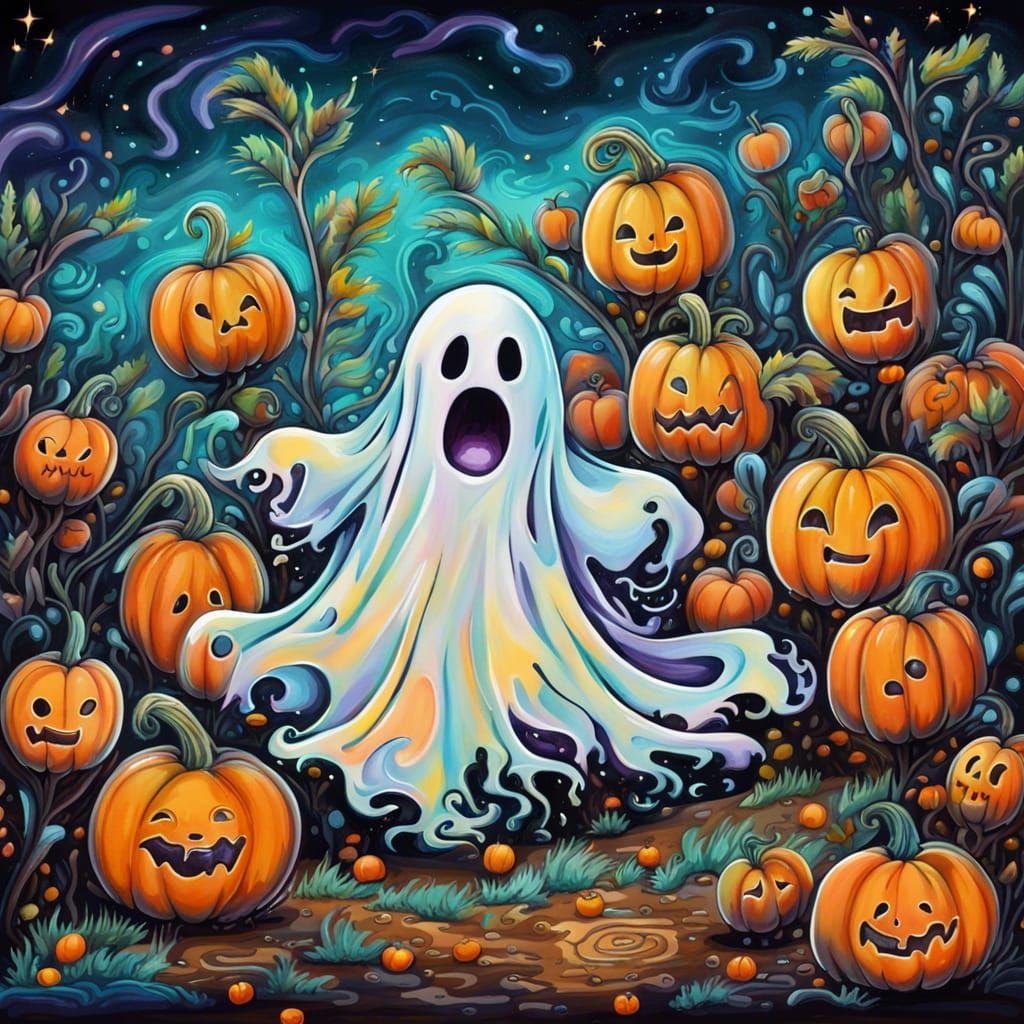 Enchanted Pumpkin Patch with Cute Ghost in Graffiti Style