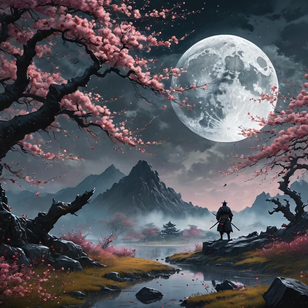 Lone Samurai on Misty Battlefield in Dark Fantasy