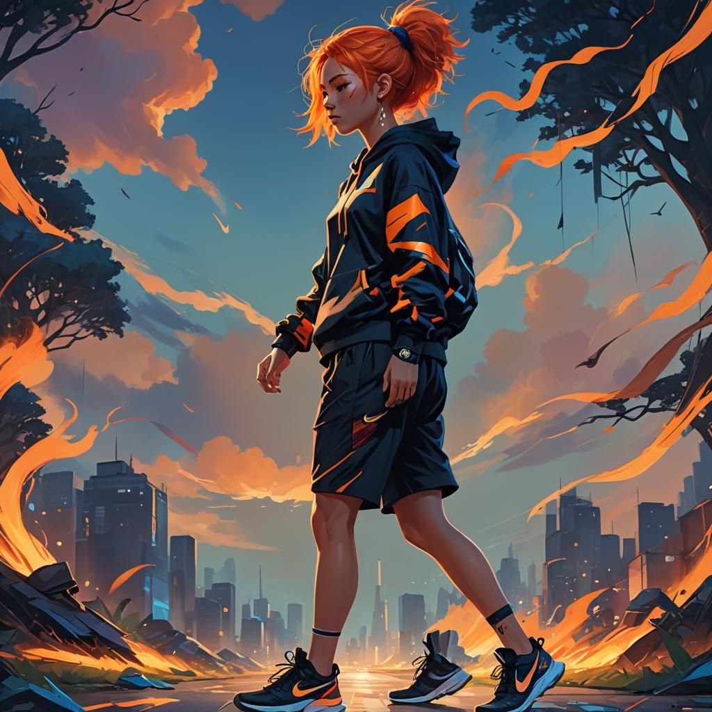 Orange-Haired Girl in Neon-Infused Fantasy Art