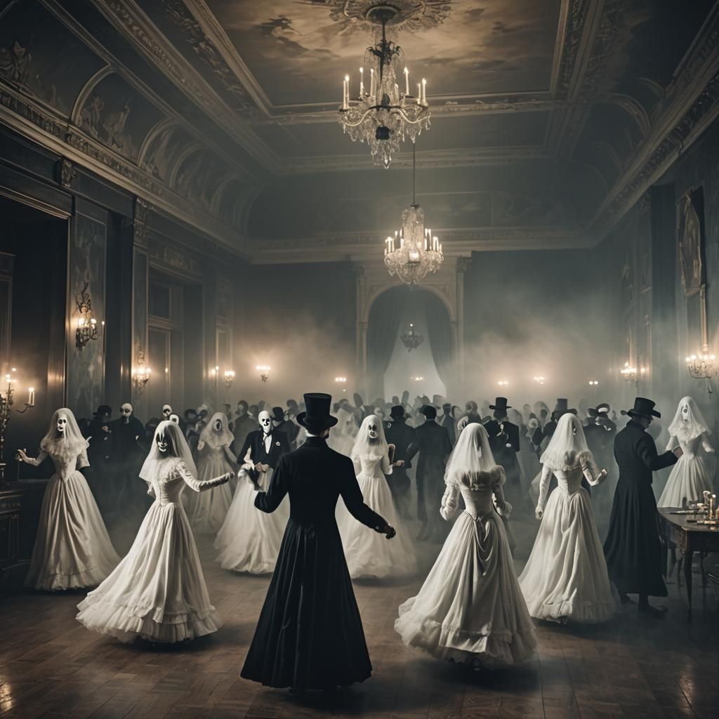 Ethereal Ballroom: Ghostly Figures Dancing in Fog