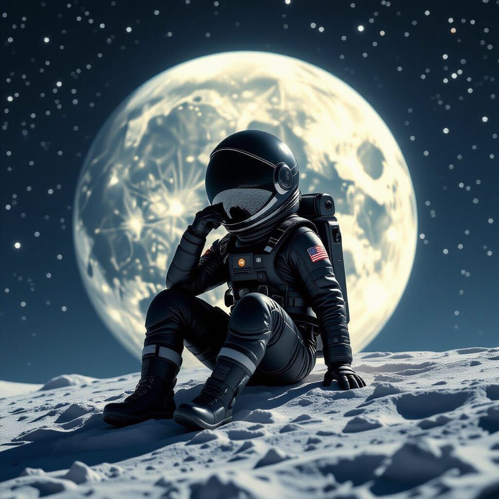 Contemplative Boy on Moon in Hyperrealistic Style