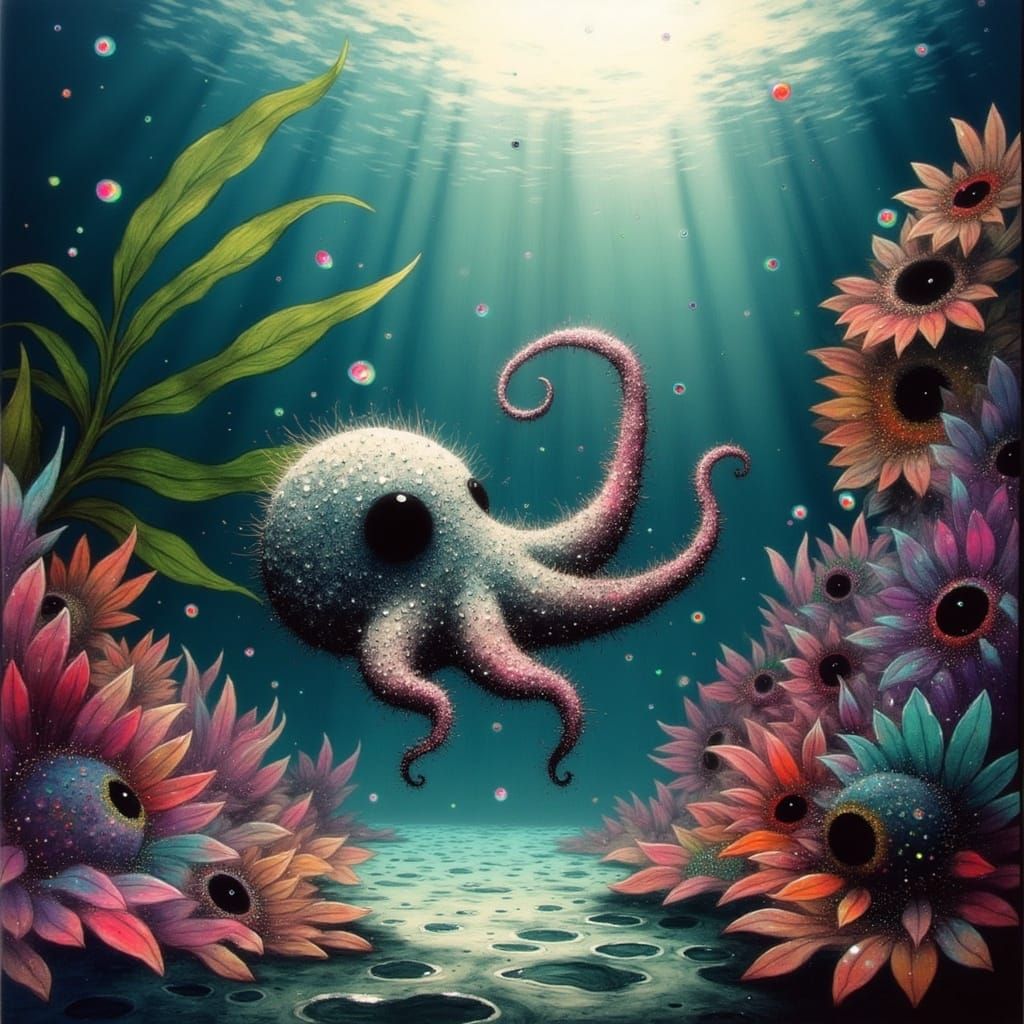 Whimsical Oceanic Dreamscape with Fantastical Furry Octopus