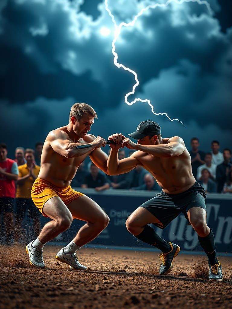 "Una escena épica y llena de energía de una competencia de tira y afloja. Dos equipos se esfuerzan mientras tiran de una...