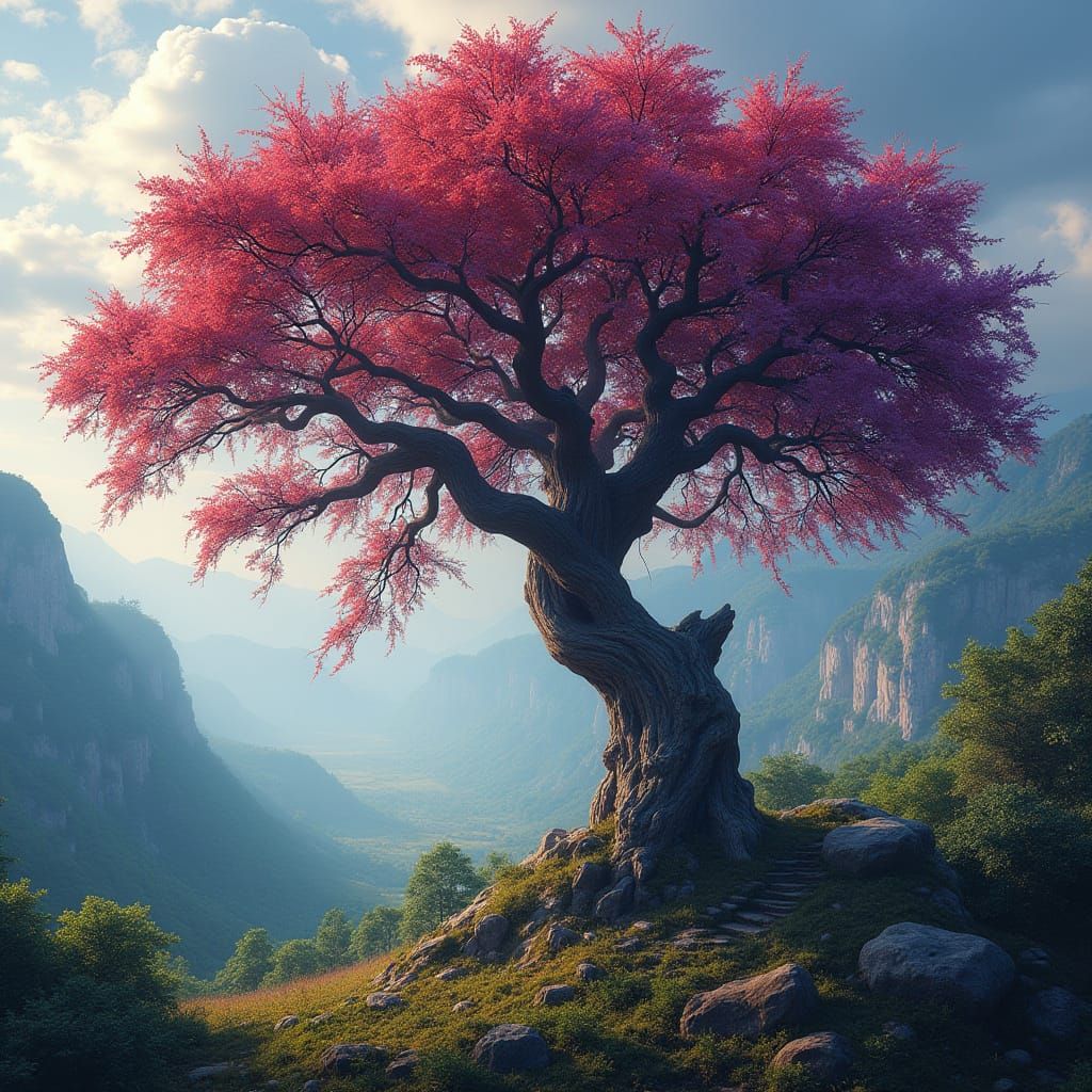 Majestic Tree with Vibrant Jewel-Fruits in a Lush Valley