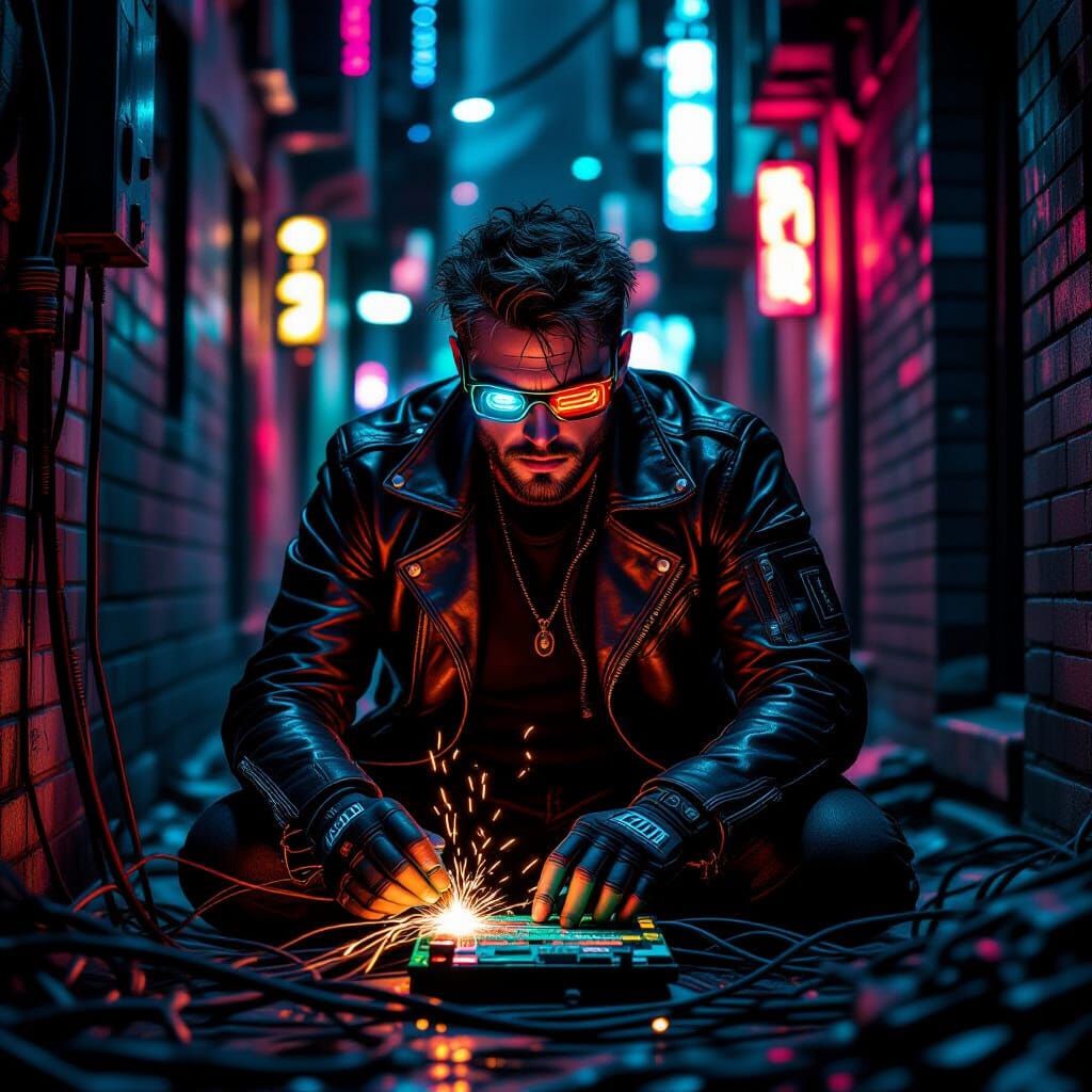 Cyberpunk Electrician Repairs Circuit in Grimy Alleyway
