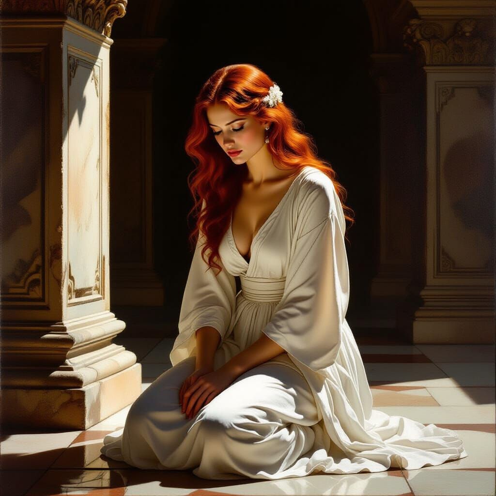 Baroque Redhead Woman in Ancient Temple