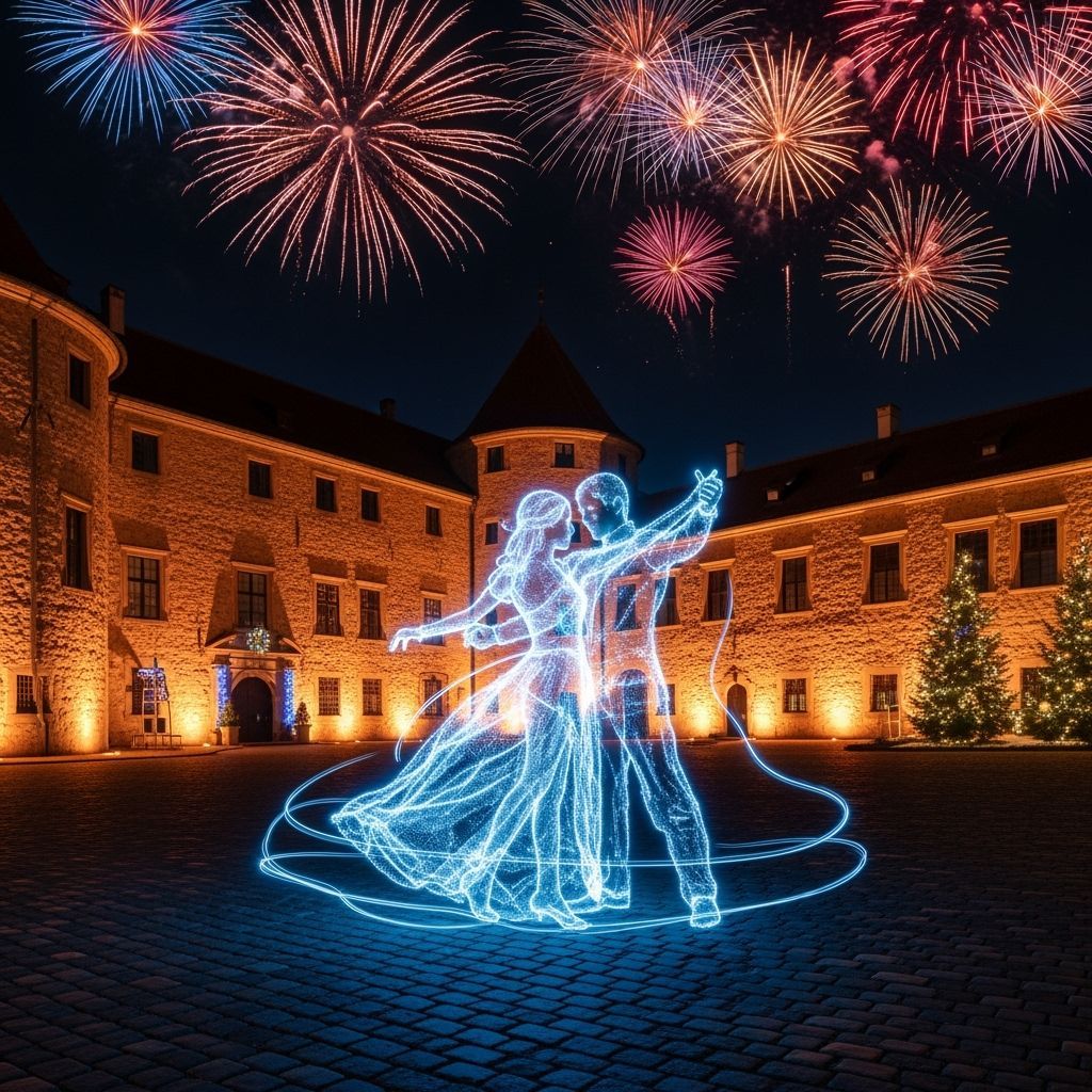 Ethereal Couple Dances Amidst Castle Fireworks