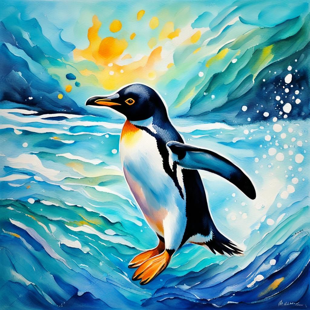 Penguin Swimming in Gouache Watercolor Style