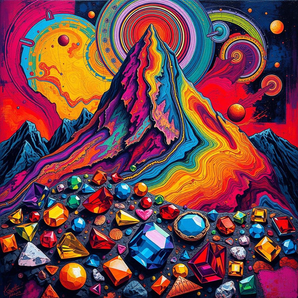 Kaleidoscopic Mountain Landscape in Vibrant Street Art Style