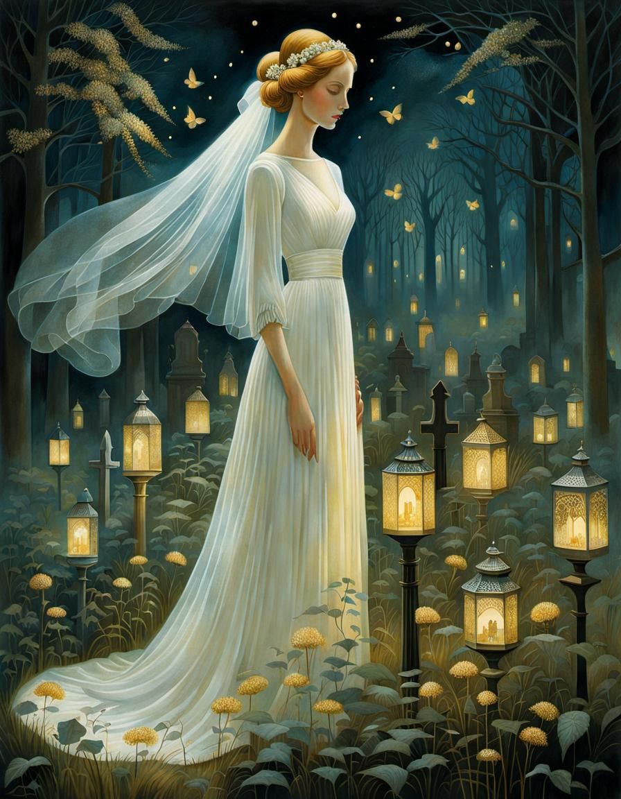 Ethereal Bride in Misty Graveyard, Ink Painting