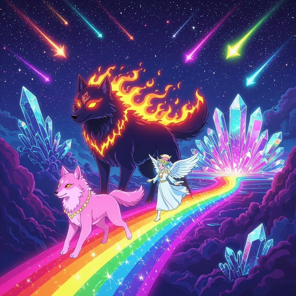 Neon Ghost Wolf Protects Angel Wolf on Rainbow Bridge