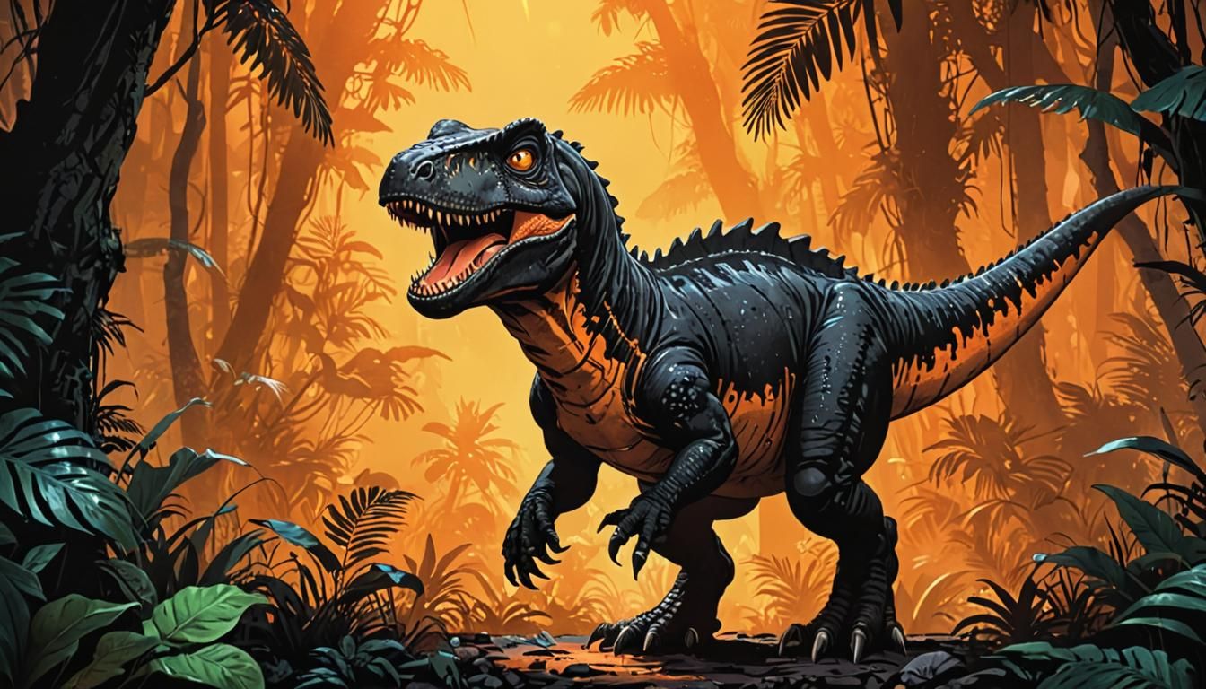 Happy T-Rex in Prehistoric Jungle Ink Poster