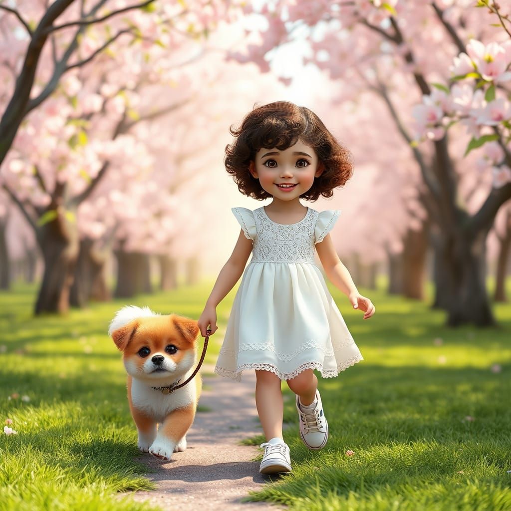 Joyful Girl and Adorable Puppy Stroll Through Cherry Blossom...