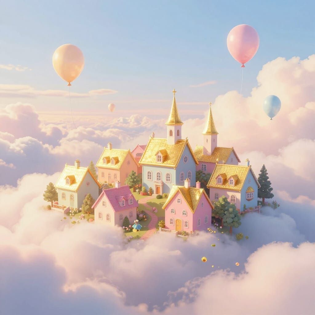 Dreamy Cloud Town: Pastel Houses with Gold Roofs