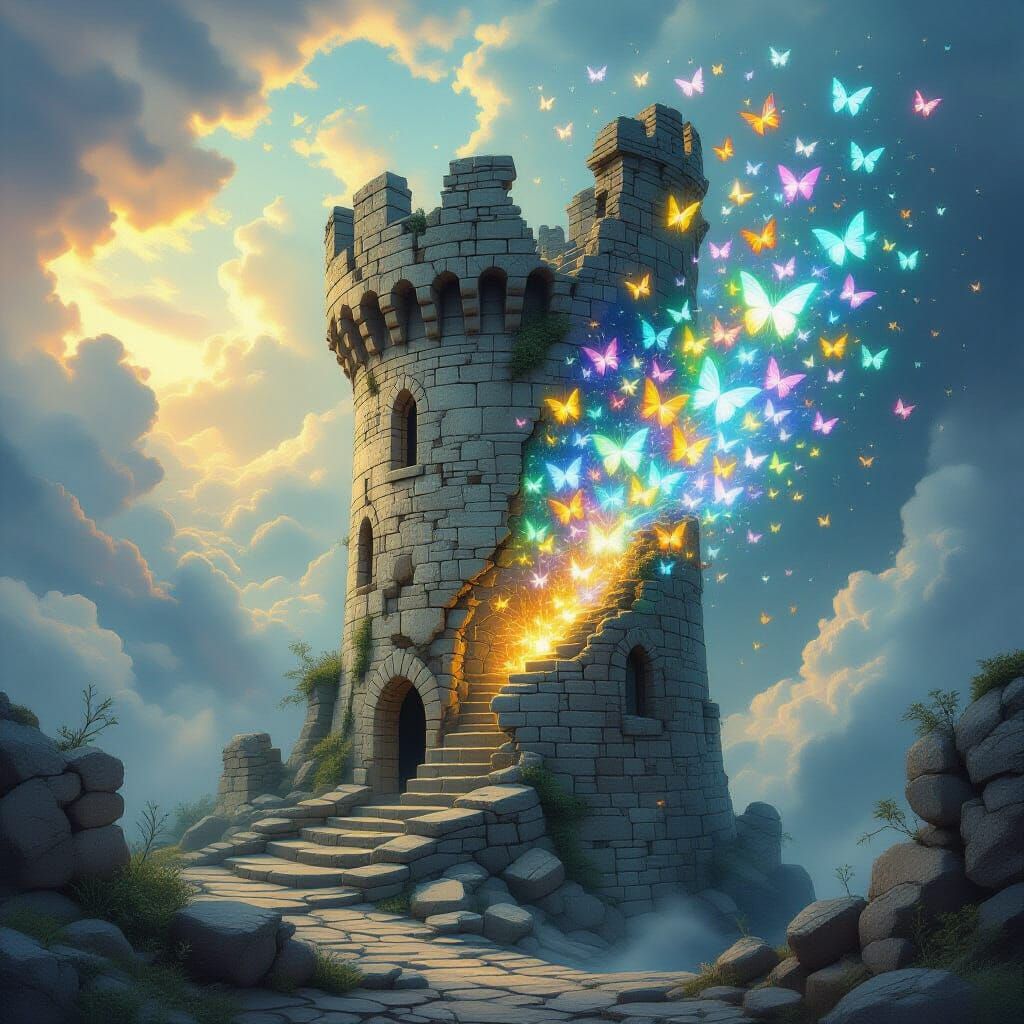 Ancient Tower Dissolves Into Starlight Butterflies