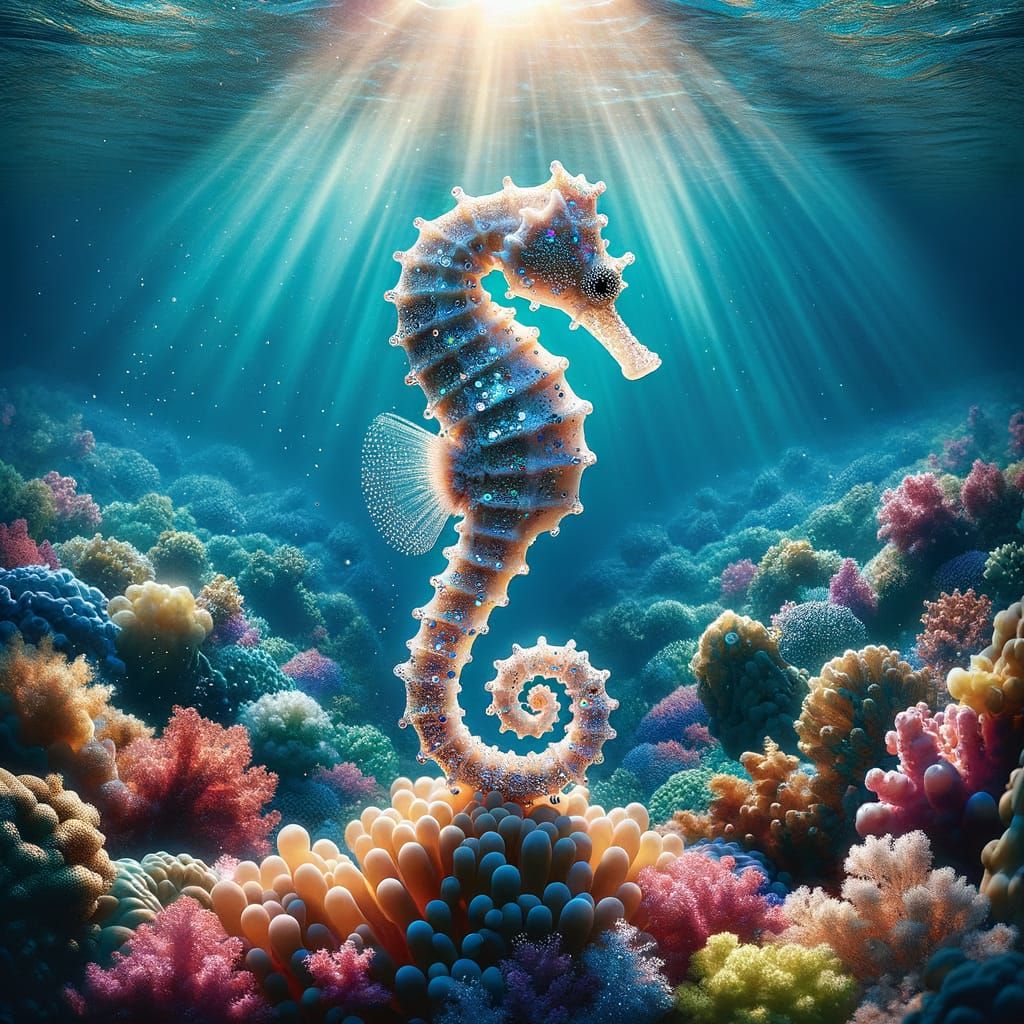 Sequined Seahorse Gliding Through Crystal Ocean