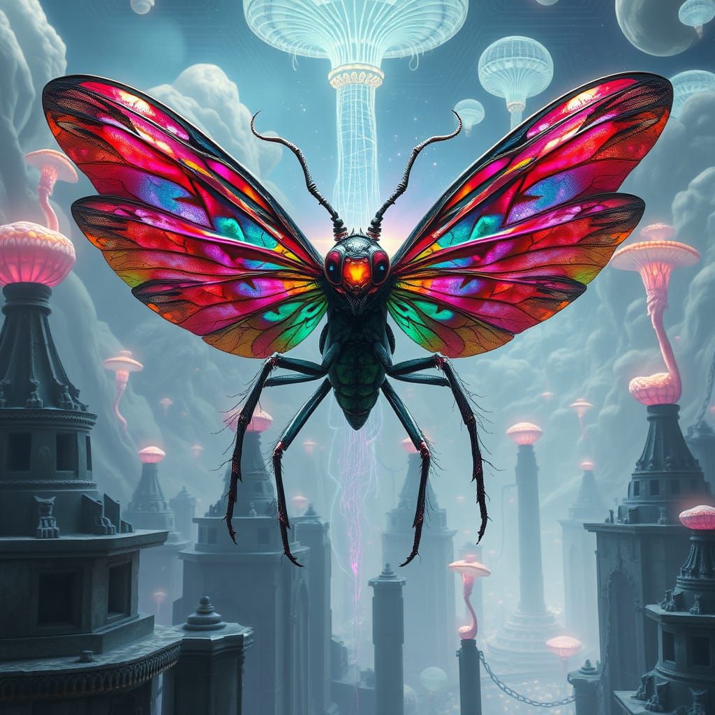 Insectoid Transformation in a Surreal Geometric Dreamscape