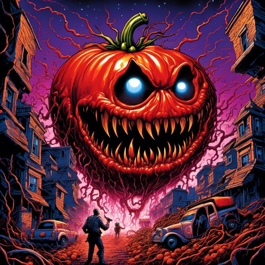 Tomato Monster Terrorizes City in Synthwave Comic Style