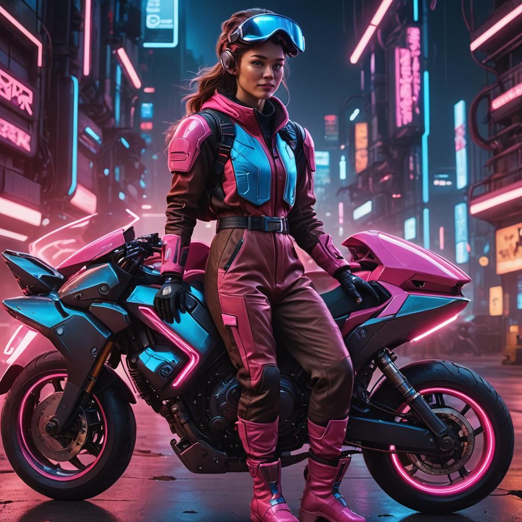 Cyberpunk Woman with Hover Bike in Neon Cityscape
