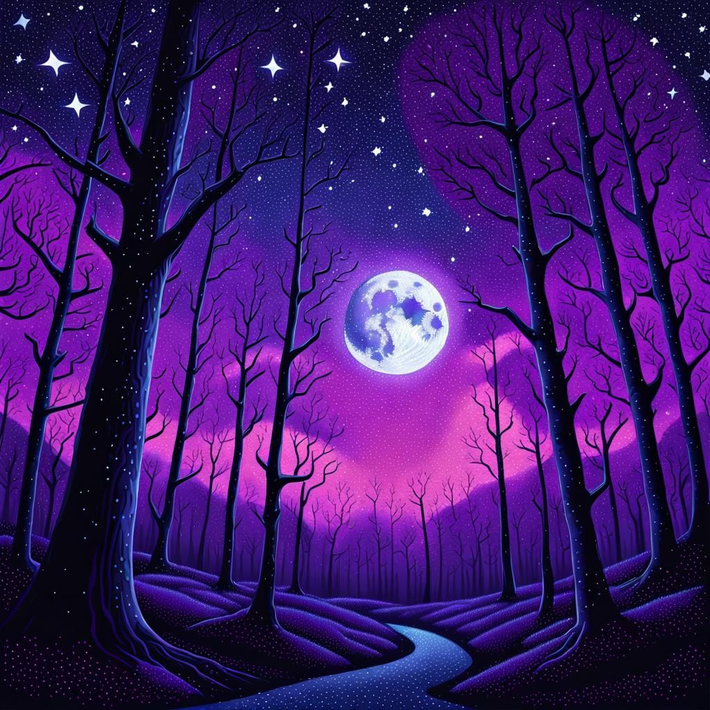 Pointillist Birch Forest Under Incandescent Moon