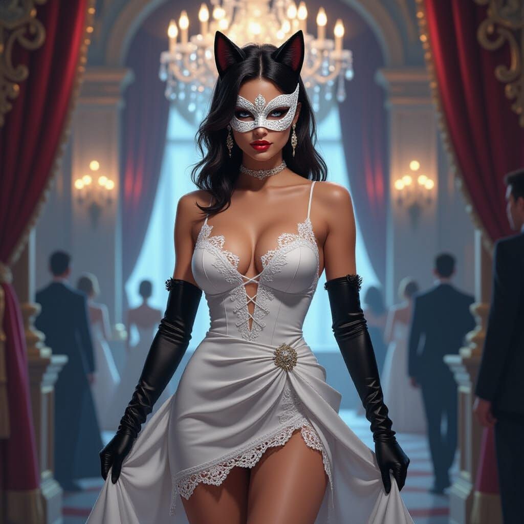 Catwoman at Masquerade Ball in Hyperrealistic Style