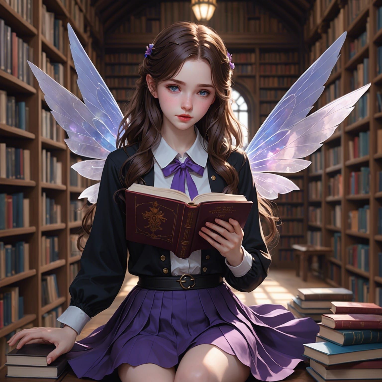 Anime Fairy Girl Reading in Library: 3D Render