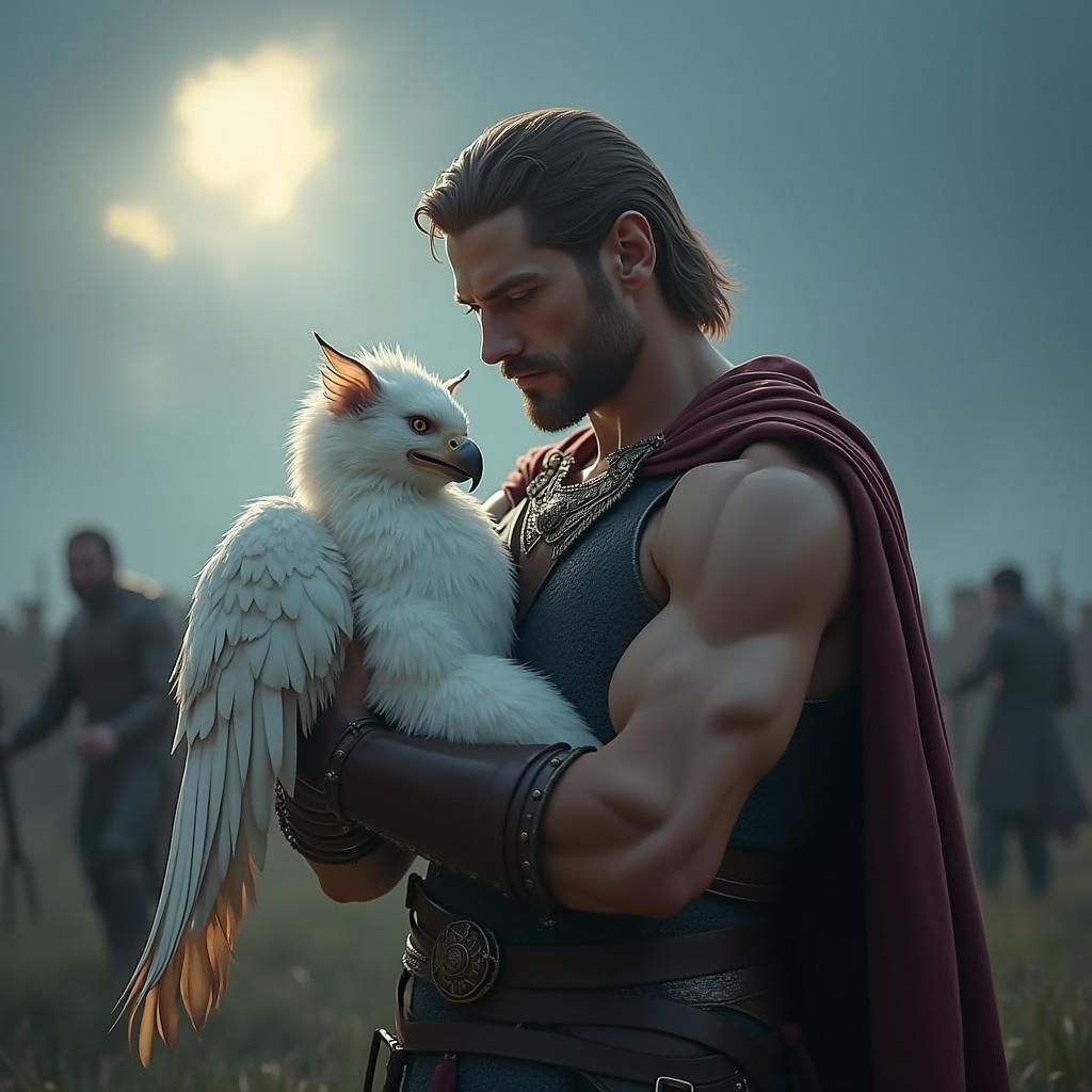 Paladin Cradles Injured Griffin in Battlefield Scene