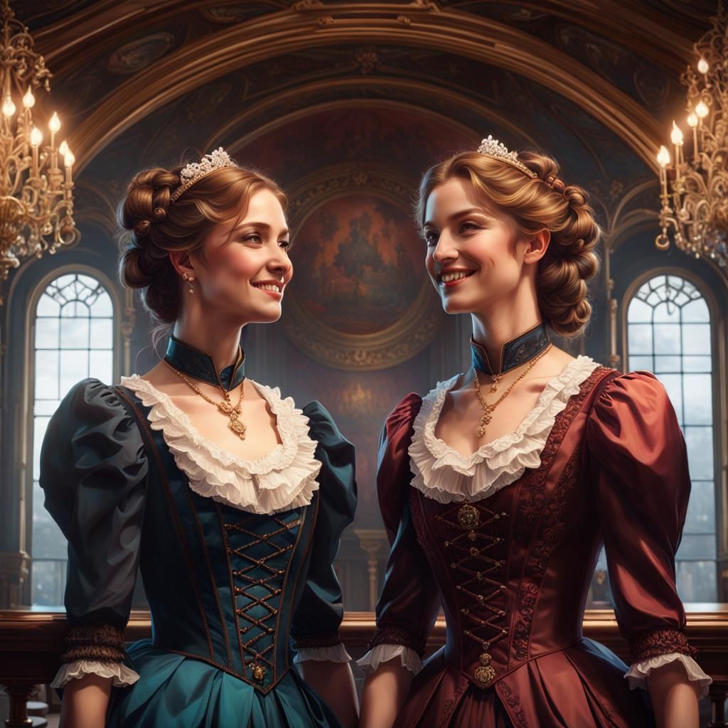 Victorian Twins Portrait in Hyperdetailed Lighting