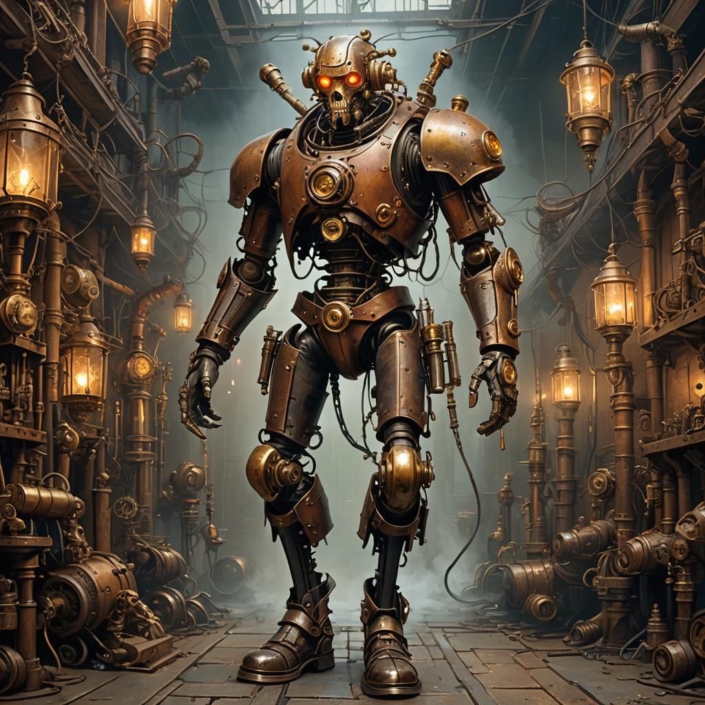 Steampunk Cyborg in Workshop with Intricate Detail