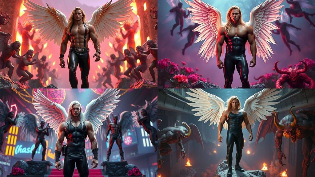 Muscular Angelic Figure in Neon Garden, Worshiped by Angels ...