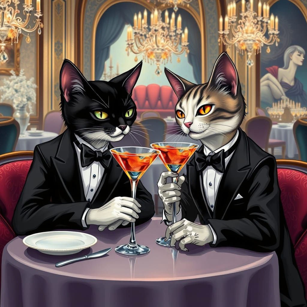 Tuxedo Cats Enjoying Cocktails at Fancy Restaurant