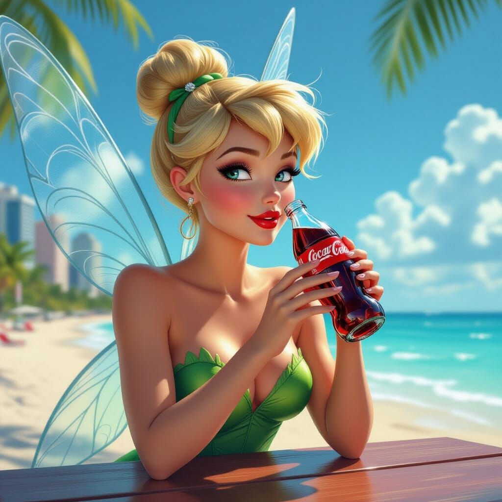 Tinker Bell Enjoys a Coke at Miami Beach