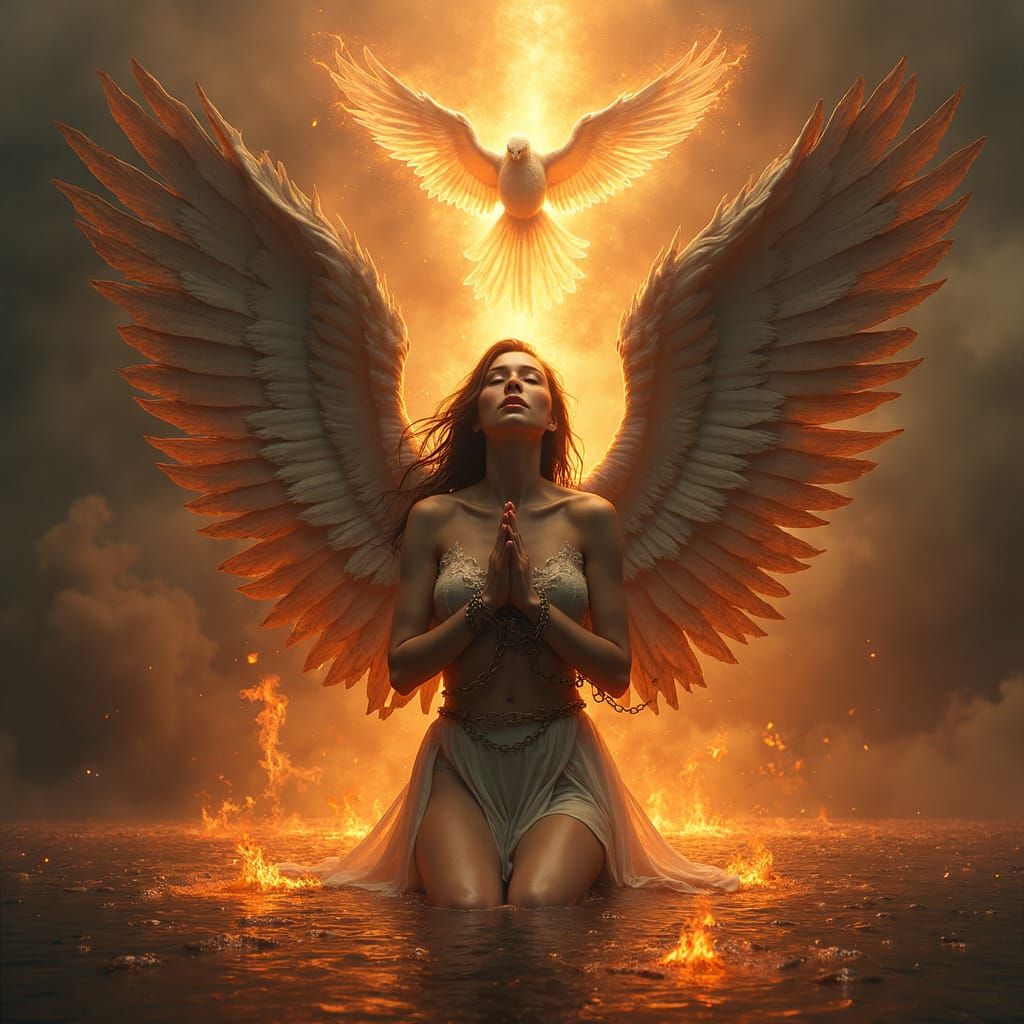Fallen Angel Kneeling in Fire Under Divine Light
