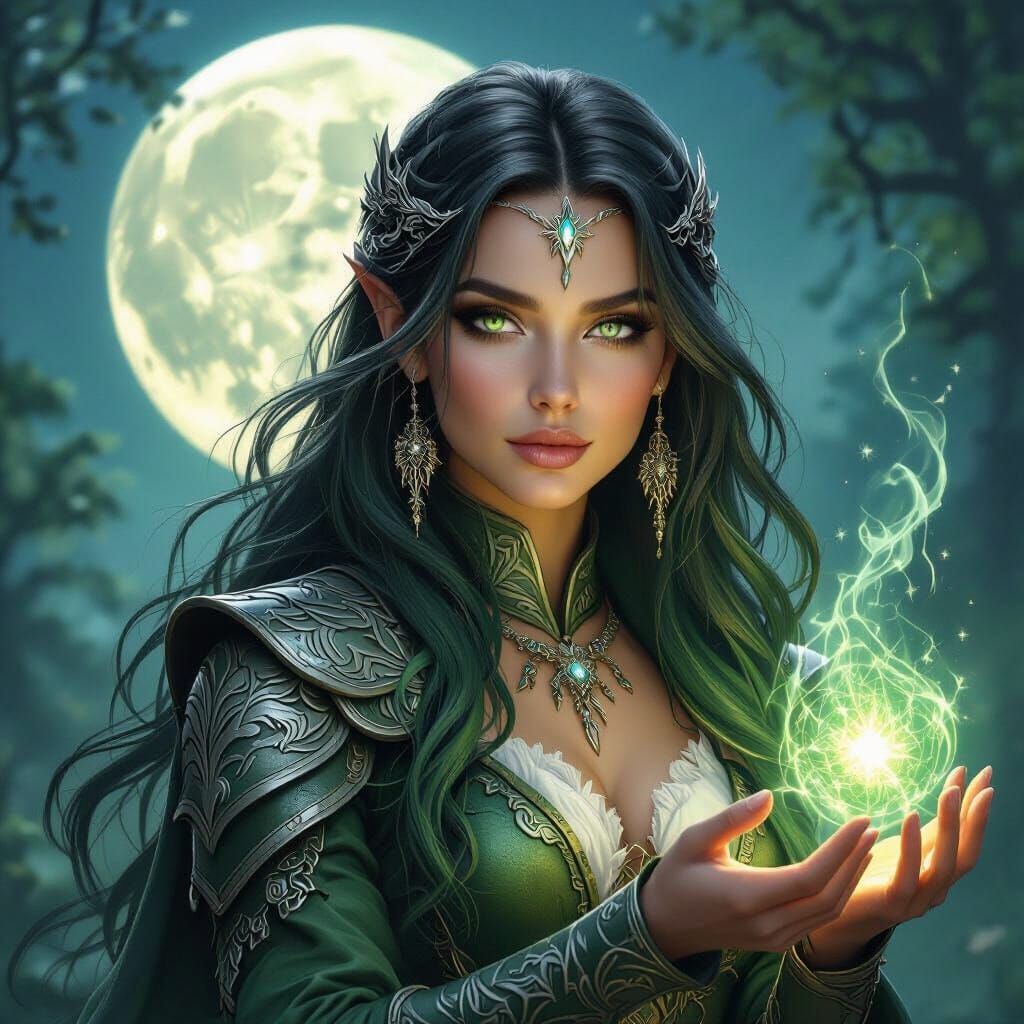 Female Druid Conjures Spell Under Full Moon in Fantasy Art S...