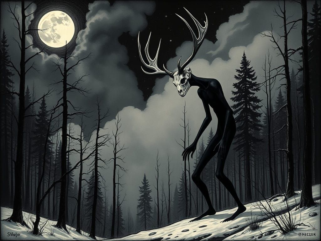 Gangly Shadow Figure Emerges in Dark Winter Woodland