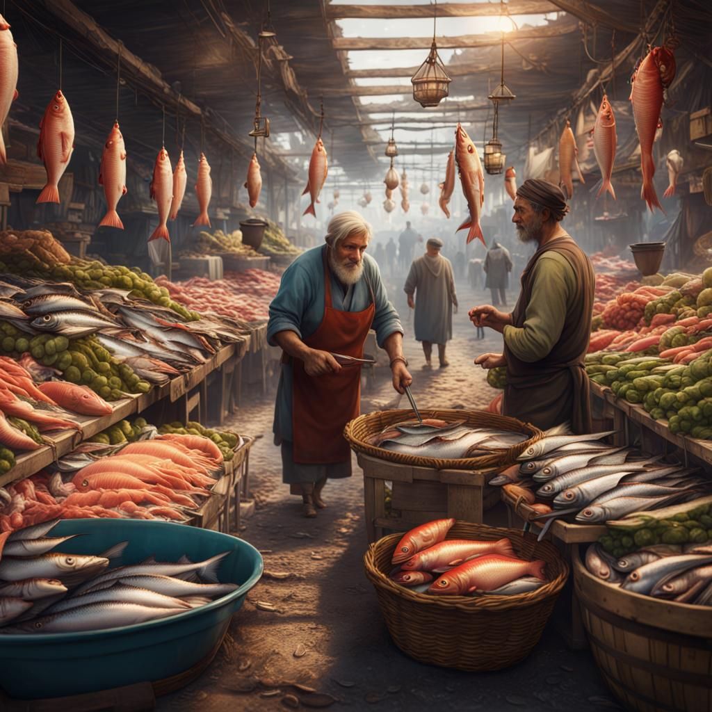 Father and Son Selling Fish at Busy Market