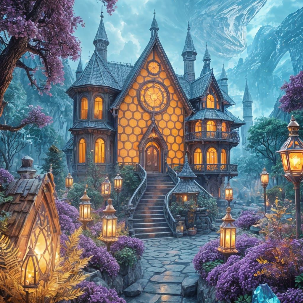 Surreal Honeycomb House with Crystal Garden in Fantasy Style