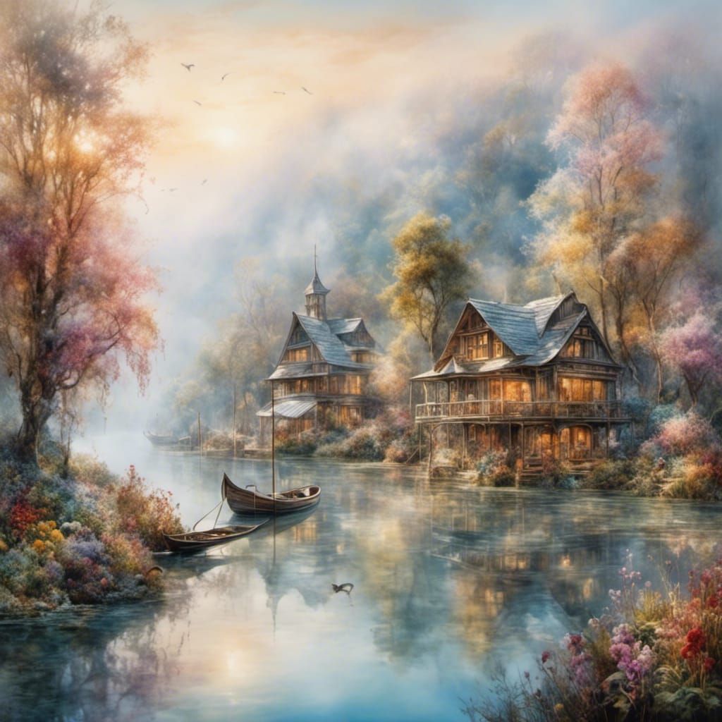Misty Lake Village Watercolor Painting