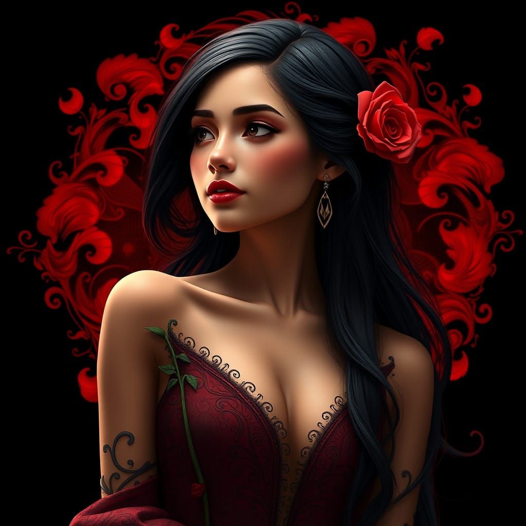 Elegant Latina Woman Lost in Thought with Red Rose