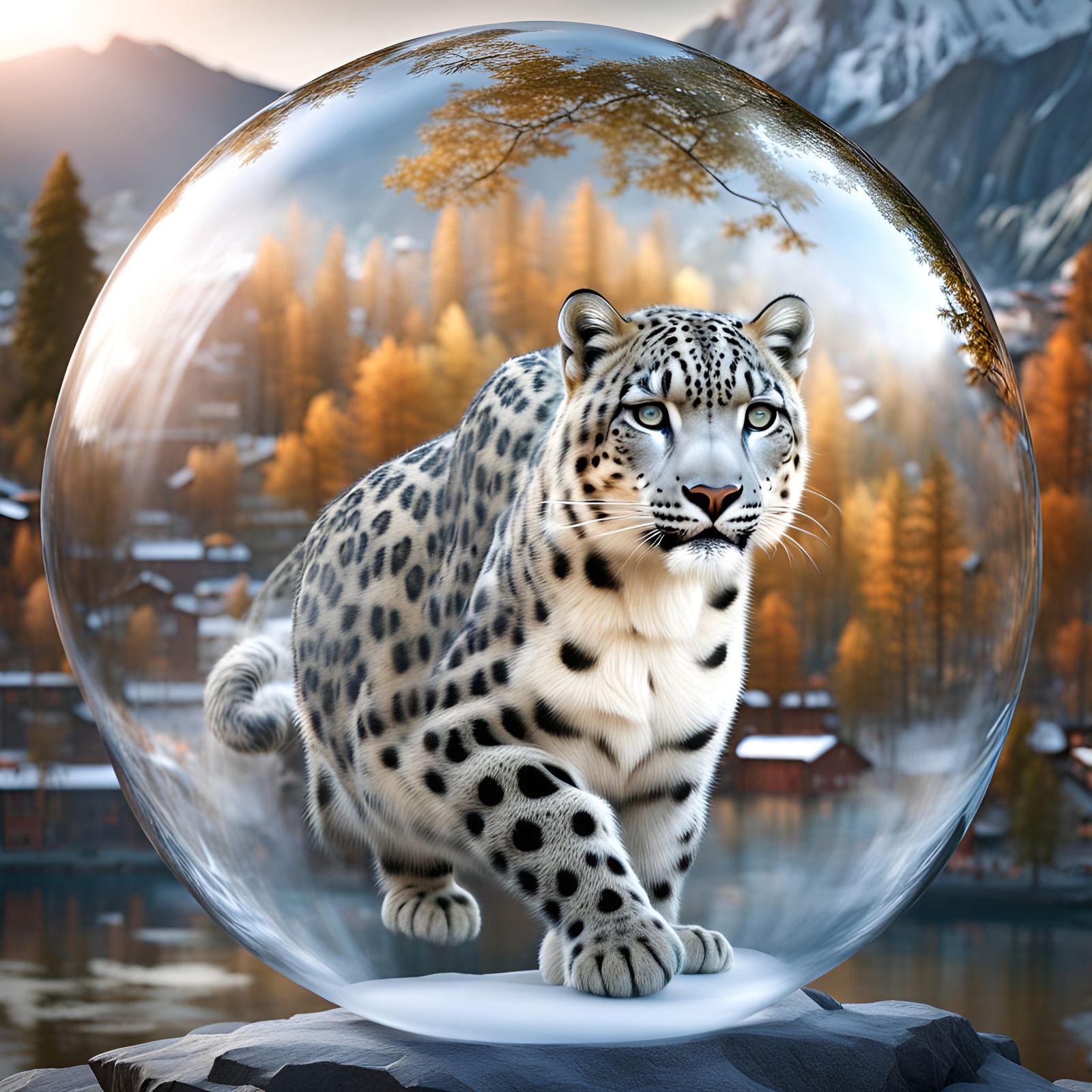 Himalayan Snow Leopard in 3D Bubble, Digital Art